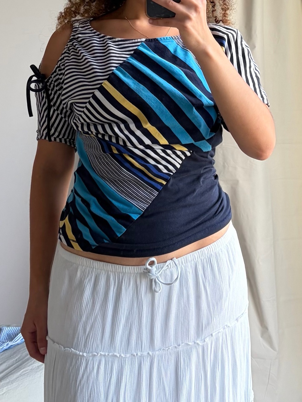 Y2K Asymmetrical Striped Cold Shoulder Top
